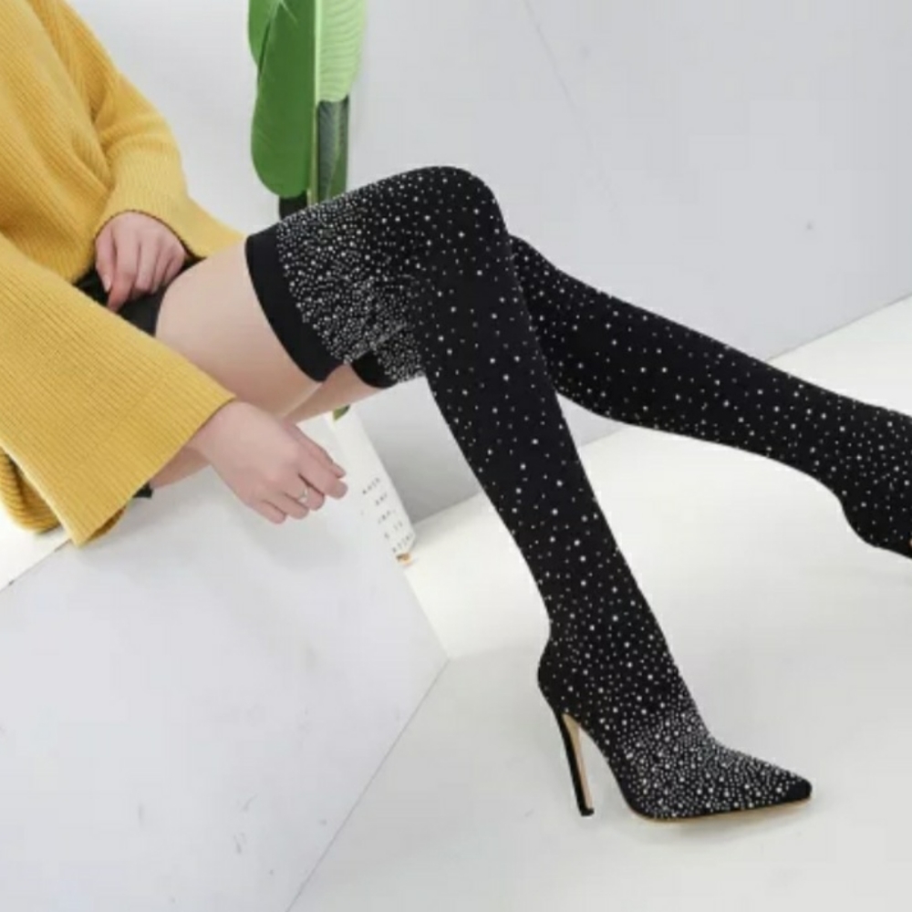 BLACK STOCKING HEEL/BOOTS WITH DIAMONDS SIZE 38 (KELOLA DS) BRAND - Picture 4 of 7